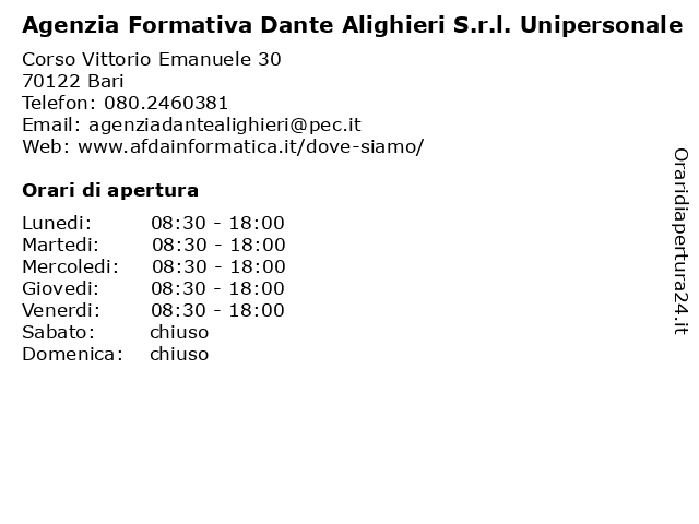 Orari di apertura Agenzia Formativa Dante Alighieri S.r.l